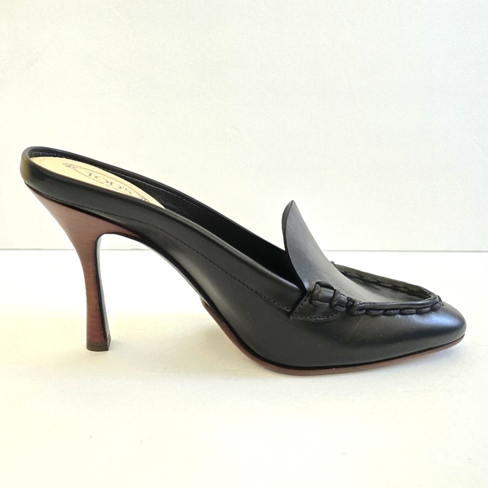 Tod's Leather Mocassin Pointed Toe High Heel Mules Size 39.5 Black